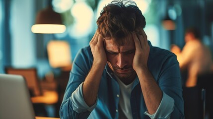 Stressed young man with headache sitting at the table in office - obrazy, fototapety, plakaty