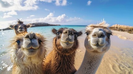 Camels on the beach taking a picture together - obrazy, fototapety, plakaty