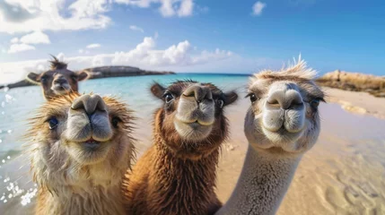 Foto op Plexiglas Camels on the beach taking a picture together © Олег Фадеев