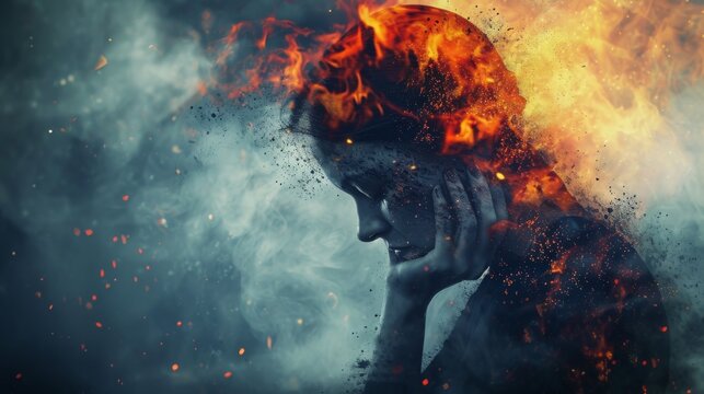 Portrait of a young woman in the fire. Conceptual image