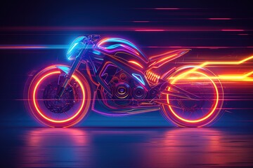 Abstract side view illustration of glowing neon yellow blue orange and purple futuristic motorcycle in motion on blurred background