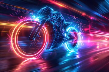 Abstract side ground view illustration of glowing neon yellow blue orange and purple futuristic motorcycle in motion on blurred background