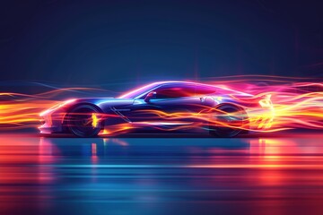 Fototapeta na wymiar Abstract side view illustration of glowing neon pink orange blue and purple futuristic super car in motion on blurred background