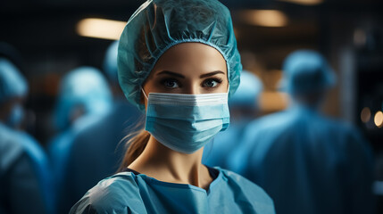 Doctor / surgeon shocked - funny. Woman closeup portrait of young doctor, surgeon or nurse surprised starring with big eyes wearing surgical mask. Asian / Caucasian female model.
