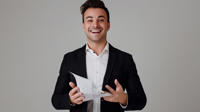 A photo studio with a white background of a awesome guy with a suits with an some paper in his hands smiling and watching to the camera