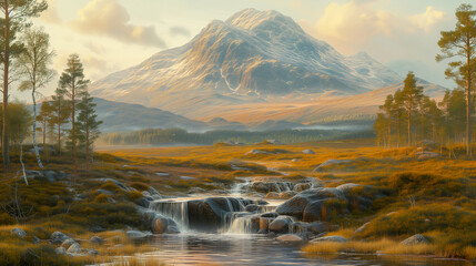 Majestic mountain with a waterfall and river in a beautiful, golden-lit, moorland landscape - obrazy, fototapety, plakaty