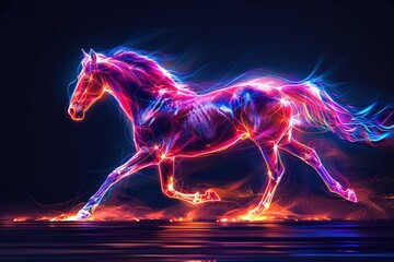 Obraz na płótnie Canvas Abstract illustration of a running wild horse in glowing neon pink purple orange neon colors on a dark background