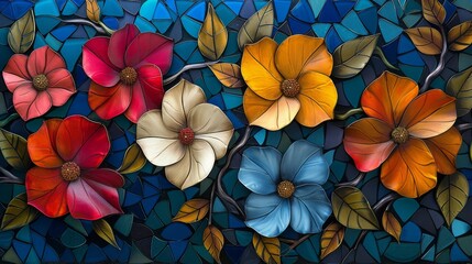 Fototapeta na wymiar Colorful Flowers on Blue Background