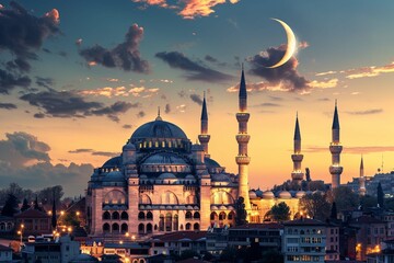 Suleymanye Mosque with crescent moon - obrazy, fototapety, plakaty