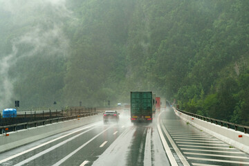 Heavy rain on a highway with cars moving along it