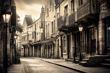 Fototapeta na wymiar Timeless Elegance: A Vintage Black and White Photo of a Quaint Victorian-Styled Town Street