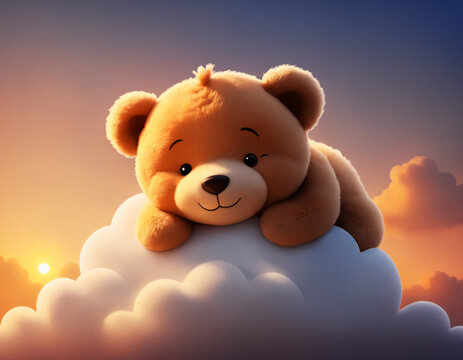 Adorable and heart-melting picture of a tiny little teddy bear on a soft fluffy cloud, evoking feelings of tranquility and warmth