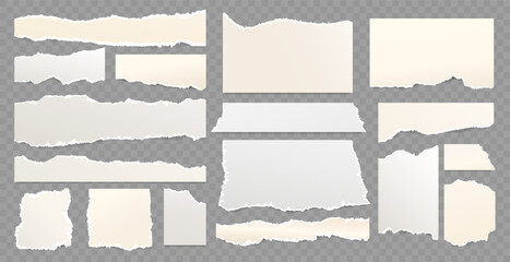 Set of grey and beige scrapbook torn note paper pieces, memo sheets or notebook shred. Paper scraps with torn edges vector illustration. Design for social media, banner, poster