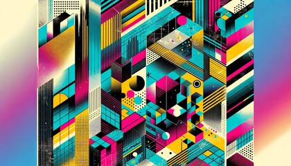 Abstract background in style of risograph prints. Minimalism, 90s and 80s style Retro-Modern Mashup. Fusion Design where Vintage Meets Modern. Grainy textures and geometrical shapes.
