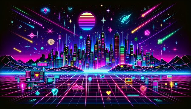 1980s Retro Futurism Abstract Retro Background, Neon style Colors. Old classic games cyberpunk style, dark violet, blue and pink tones. Cosmic and night conception.
