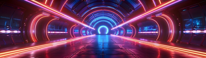 Futuristic Neon Tunnel in Vray Style, To provide a visually striking and futuristic image for use in technology, advertising, and design projects