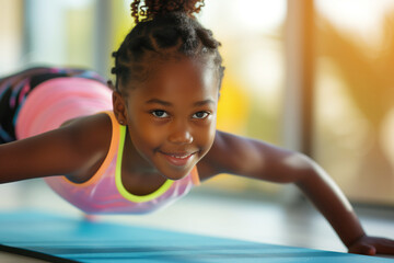 Adorable smiling african american girl doing push-ups on mat in gym, child physical development concept
