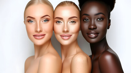 Three women with diverse skin tones in a beauty concept. Diversity and inclusivity in beauty industry concept. Design for campaign, beauty brand, cosmetics advertisement