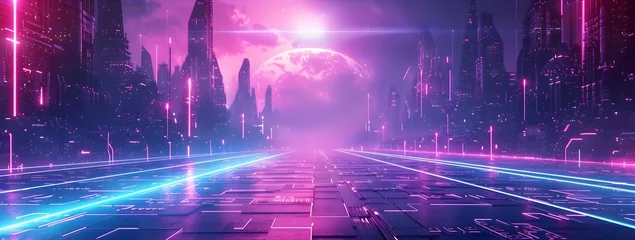 Papier Peint photo Tailler Futuristic Sky and City Landscape with Neon Lights, To provide a visually striking and conceptually engaging representation of a futuristic