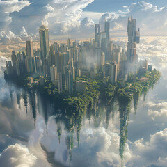 A futuristic city floating among the clouds with towering skyscrapers and lush green parks suspended in the sky as the world below watches in awe - obrazy, fototapety, plakaty