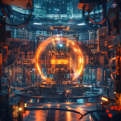 A futuristic nuclear fusion reactor core pulsating with energy magnetic fields containing the plasma visible surrounded by high tech monitoring equipment in a dimly lit room