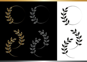 Set of design decorative gold and silver natural elements, elegant minimal design, isolated editable elements., laurel leaves, circular branches frame with copy space. Golden, silver, black