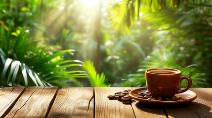 Steaming brown coffee cup with beans on a wooden table against a lush green tropical background