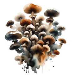Watercolour Mushrooms. Abstract Watercolor Blot in Form of Mushroom. Hand drawn style fruit watercolour composition on white background. Great for packing or product design