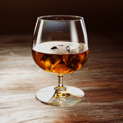 Elegant Whiskey Glass with Ice Cubes on Wooden Table