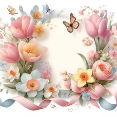 An artistic composition featuring a variety of colorful flowers, fluttering butterflies, and a flowing ribbon on a light background