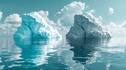Giant icebergs reflect on the calm blue waters under a clear sky with fluffy white clouds