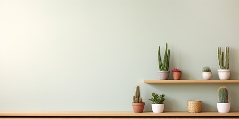 Cactus on shelves in empty room with space on wall