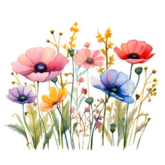 Wild Flowers Watercolor Illustration PNG, Transparent Background