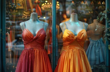 Dresses Displayed in a Window