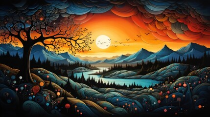 A colorful sunset behind a tree in the foreground