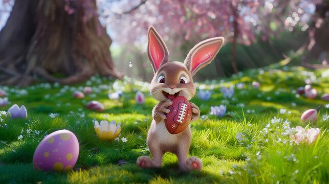Realistic cute and smiling rabbit easter bunny holding a football in a field full of flowers and easter eggs 