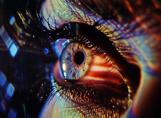 Close up of a woman's eye with digital coding. Data hacker concept. Artificial intelligence