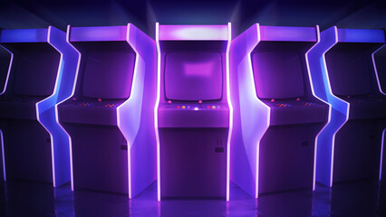 Arcade game machines in a row. 3D illustration background with a neon, retro gaming aesthetic