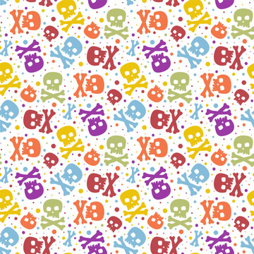 Small bright colorful multi-colored skulls and crossbones isolated on a white background. Cute seamless pattern. Vector simple flat graphic illustration. Texture.