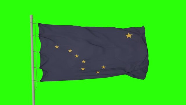 Flag of Alaska on Green Screen. Isolated flag of United States Alaska on flagpole fluttering in wind