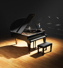 A classic black grand piano standing on stage in front of an empty hall