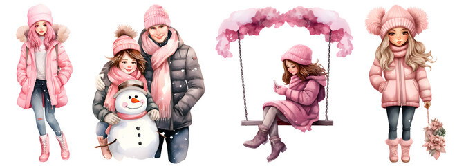 Cute Pink Winter Family Watercolor Illustration PNG, Transparent Background