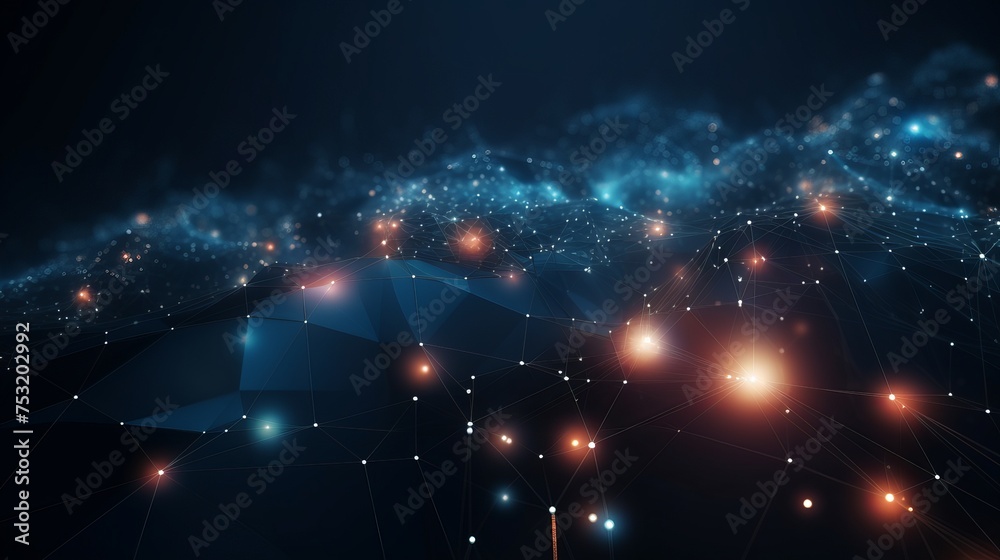 Wall mural Data technology abstract futuristic illustration . Low poly shape with connecting dots and lines on dark background. 3D rendering . Big data visualization