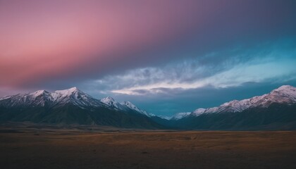 landscape of mountains, fields and sky at sunset.. background concept for website, blog or social media. atmosphere of calm and relaxation, Meditation and relaxation, Travel brochures 