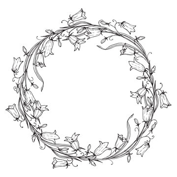 Wreath with bluebell Flower vector illustration. Hand painting illustration of circular Frame for greeting cards or wedding invitations. Circlet with bellflower. Botanical template for postcards.