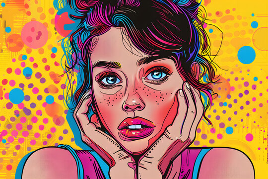 Colorful Pop Art Style Portrait of a Young Woman