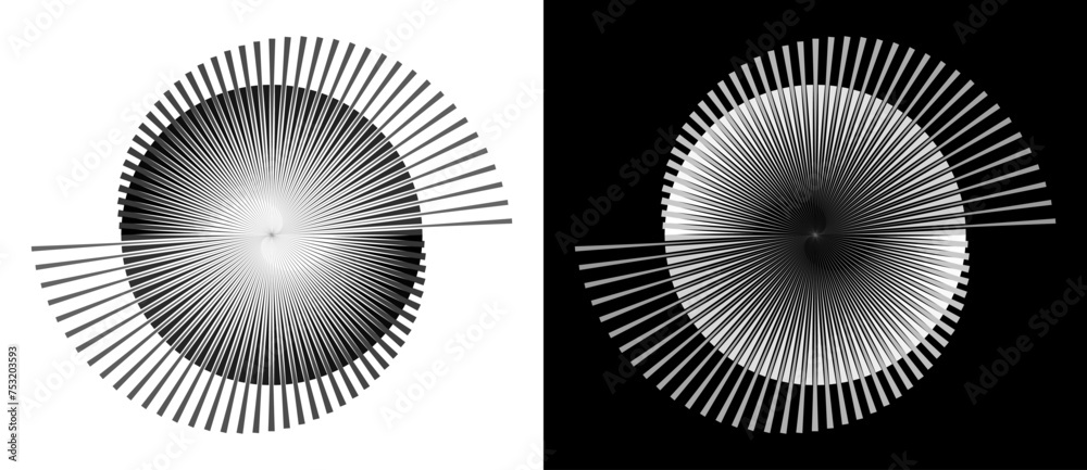 Poster Abstract background with lines in circle. Art design spiral as logo or icon. A black figure on a white background and an equally white figure on the black side.
