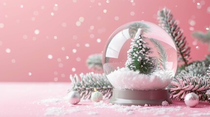 Minimal christmac snow globe on pink background