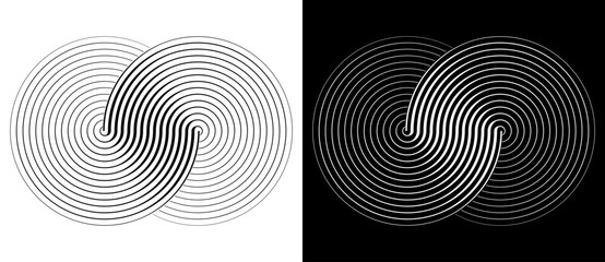 Two circles in a spiral or infinity symbol. Art lines illustration as logo or tattoo, icon. Black shape on a white background and the same white shape on the black side.