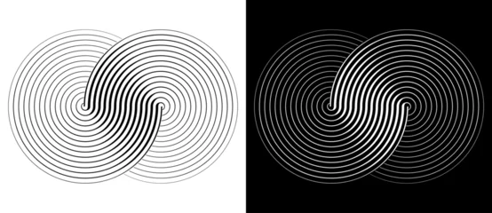 Foto auf Acrylglas Two circles in a spiral or infinity symbol. Art lines illustration as logo or tattoo, icon. Black shape on a white background and the same white shape on the black side. © Mykola Mazuryk